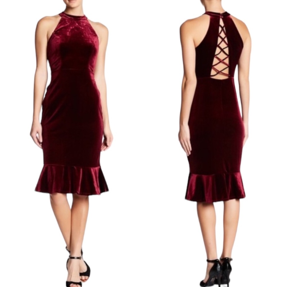 SUPERFOXX | Burgundy Ruffled Hem Velvet Midi Halter Cocktail Dress NWT